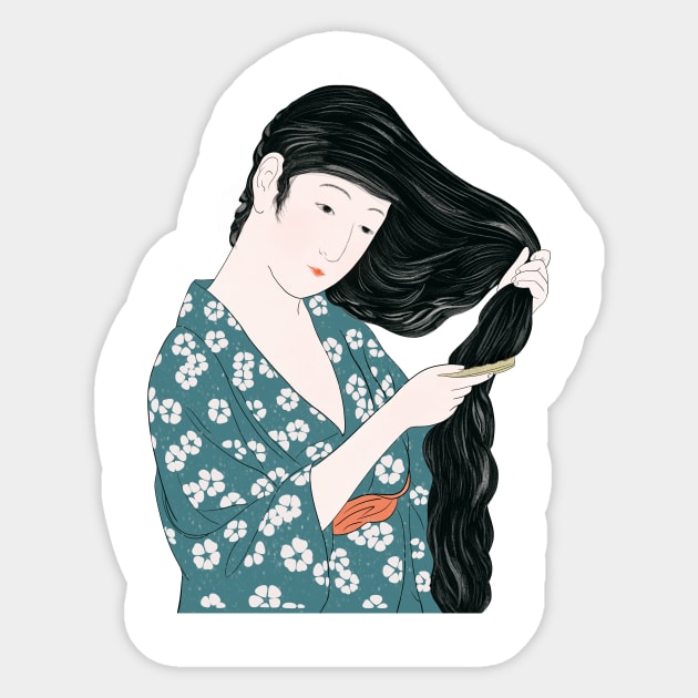 Beauty Combing her Hair 1920 by Hashiguchi Goyo (1880 - 1921) Sticker by colorandcolor